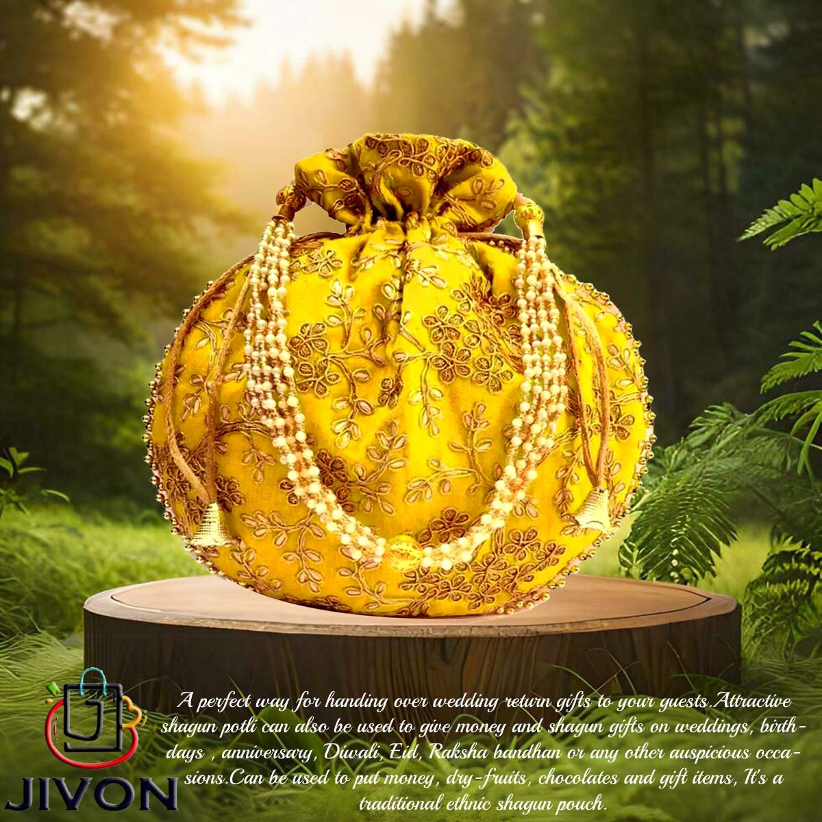 19 Embroidered Silk Potli Bags-Yellow - Image 1