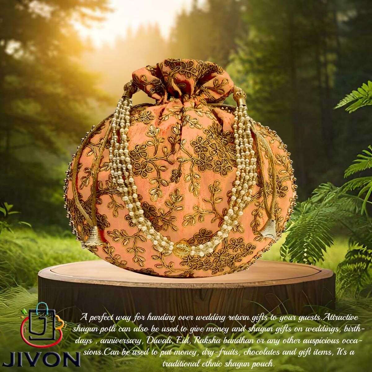 21 Embroidered Silk Potli Bags-Peach - Image 1