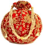 Embroidered Silk Potli Bags-Red - Image 2