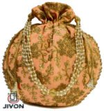 Embroidered Silk Potli Bags-Peach - Image 2