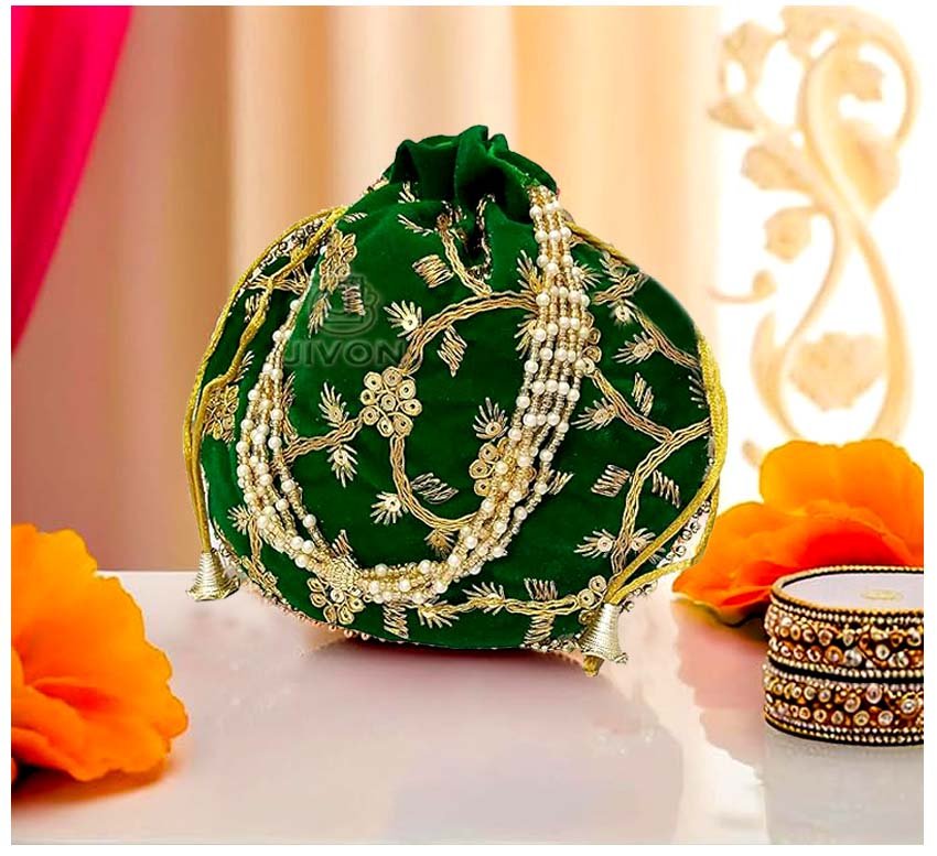 5 potli bags for wedding return gifts -Green - Image 1
