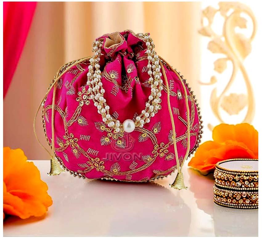 6 potli bags for wedding return gifts -Pink - Image 1