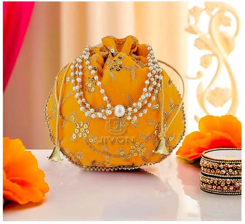 8 potli bags for wedding return gifts -Yellow - Image 1