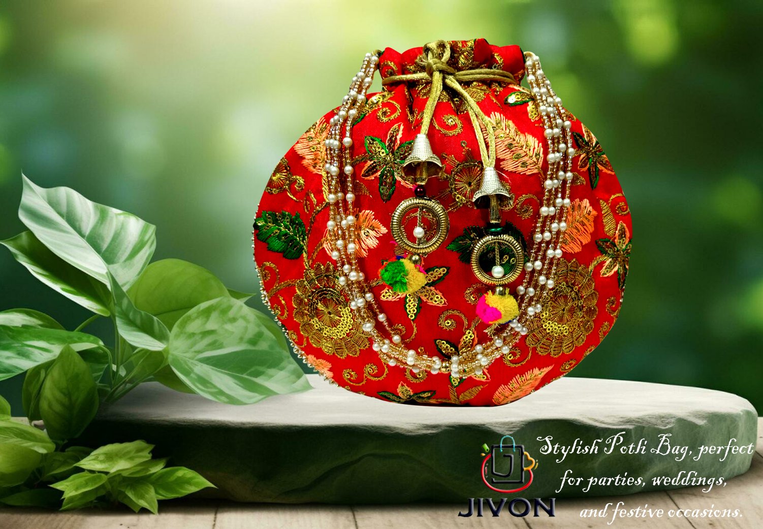 9 Zari Embroidered Potli Bag-Red - Image 1