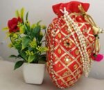 Rajasthani Style Gota Patti Silk Potli-Red - Image 5