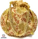 Embroidered Silk Potli Bags-White - Image 4
